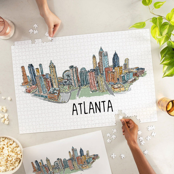 Atlanta, Georgia, Line Drawing, Jigsaw Puzzle Puzzle Lantern Press 