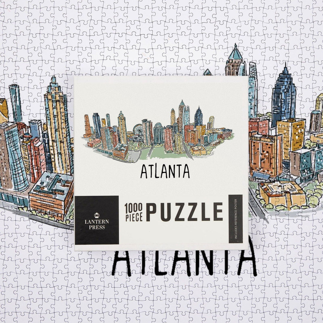 Atlanta, Georgia, Line Drawing, Jigsaw Puzzle Puzzle Lantern Press 