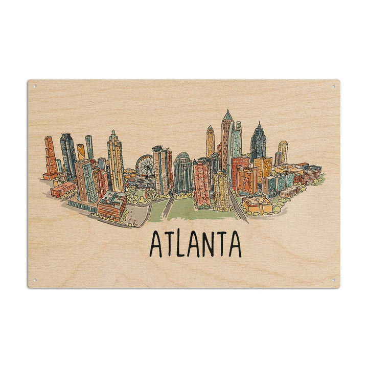 Atlanta, Georgia, Line Drawing, Lantern Press Artwork, Wood Signs and Postcards Wood Lantern Press 10 x 15 Wood Sign 