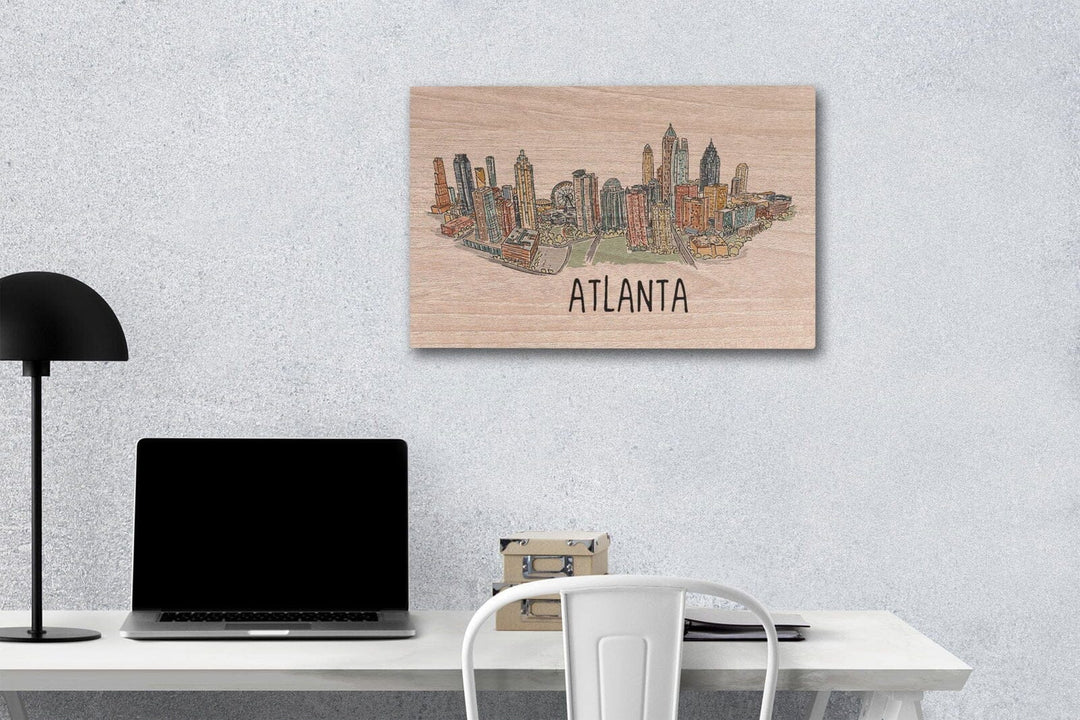 Atlanta, Georgia, Line Drawing, Lantern Press Artwork, Wood Signs and Postcards Wood Lantern Press 12 x 18 Wood Gallery Print 