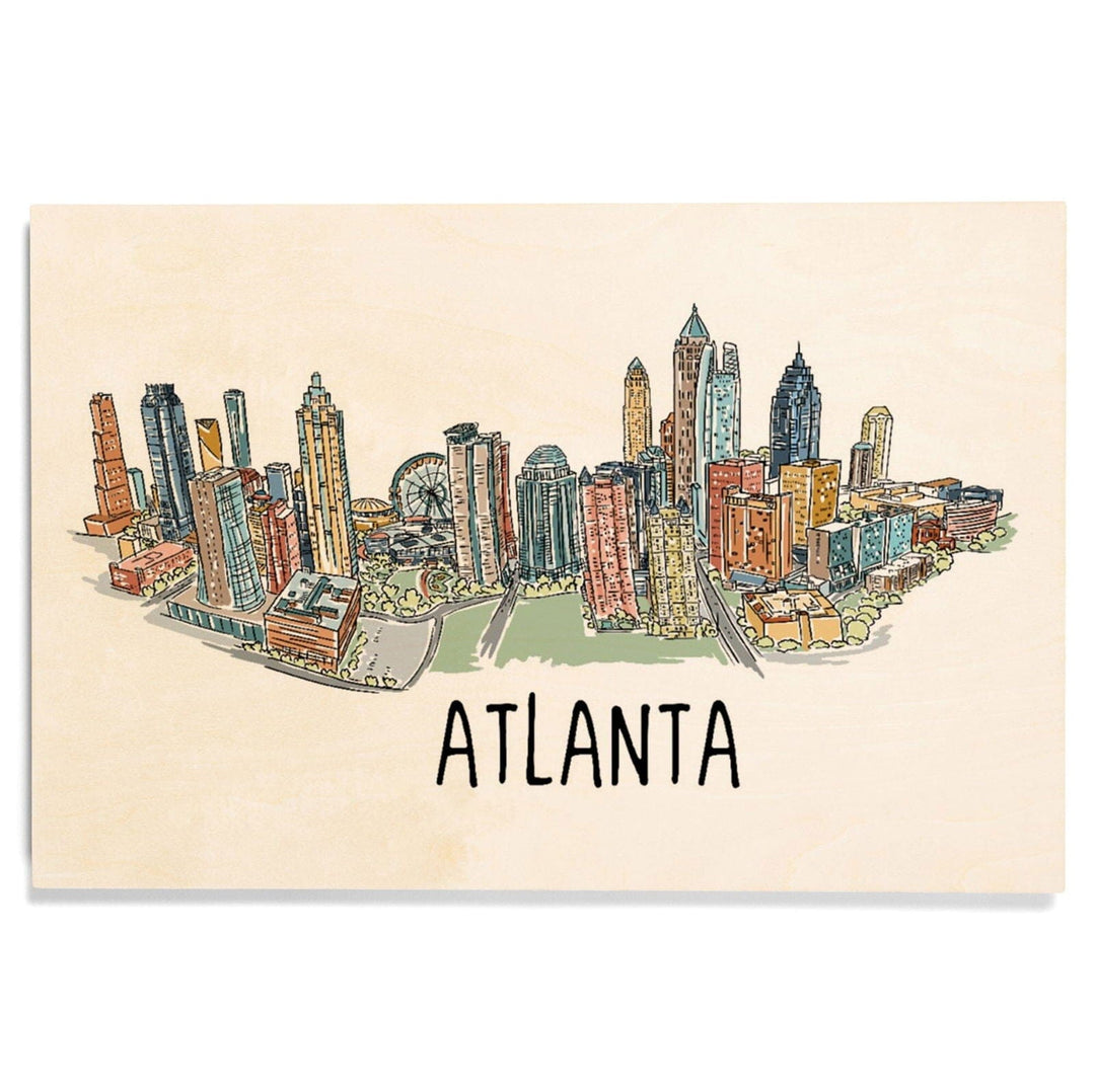 Atlanta, Georgia, Line Drawing, Lantern Press Artwork, Wood Signs and Postcards Wood Lantern Press 