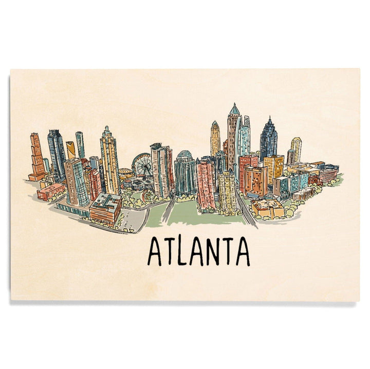 Atlanta, Georgia, Line Drawing, Lantern Press Artwork, Wood Signs and Postcards Wood Lantern Press 