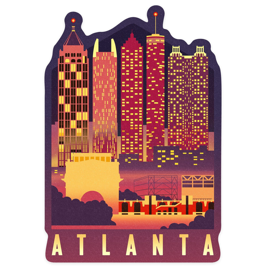 Atlanta, Georgia, Neon Skyline, Contour, Lantern Press Artwork, Vinyl Sticker Sticker Lantern Press 