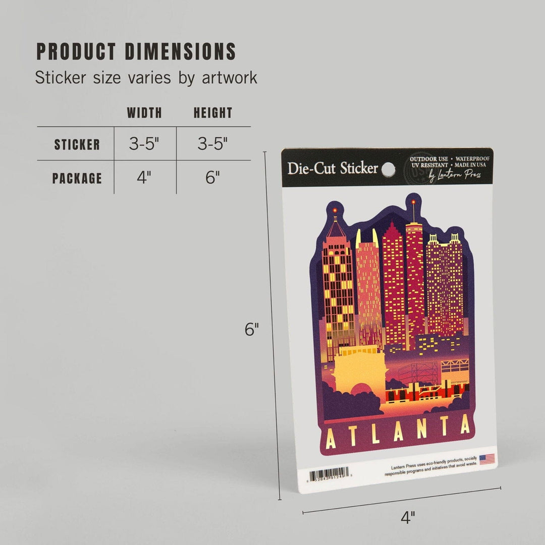 Atlanta, Georgia, Neon Skyline, Contour, Lantern Press Artwork, Vinyl Sticker Sticker Lantern Press 