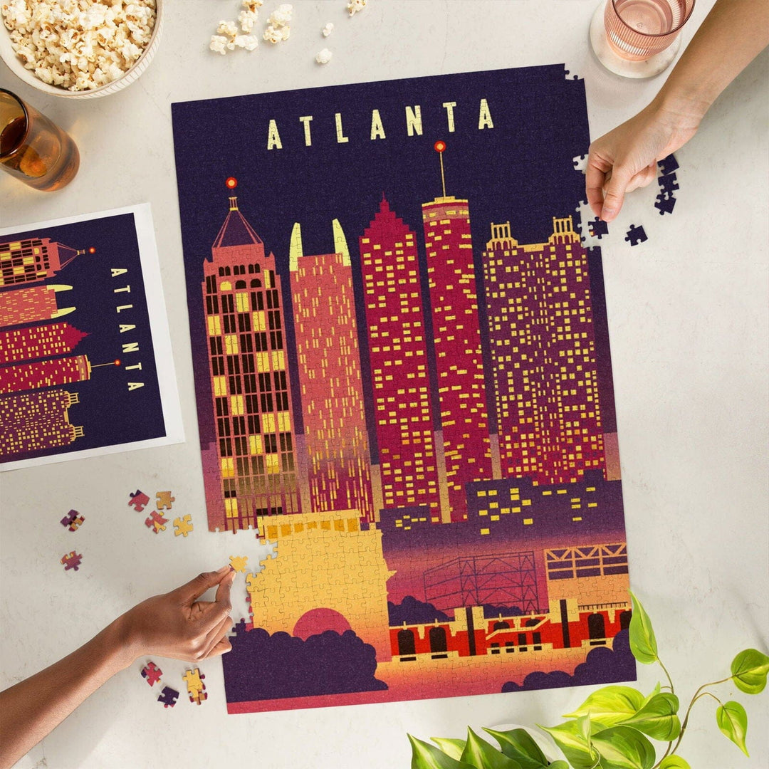 Atlanta, Georgia, Neon Skyline, Jigsaw Puzzle Puzzle Lantern Press 