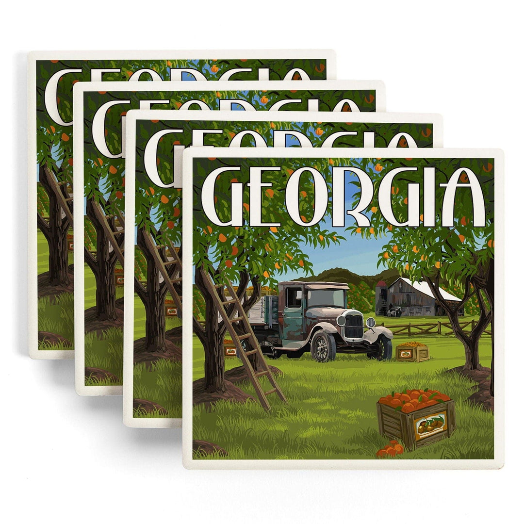 Atlanta, Georgia, Peach Orchard, Lantern Press Artwork, Coaster Set Coasters Lantern Press 