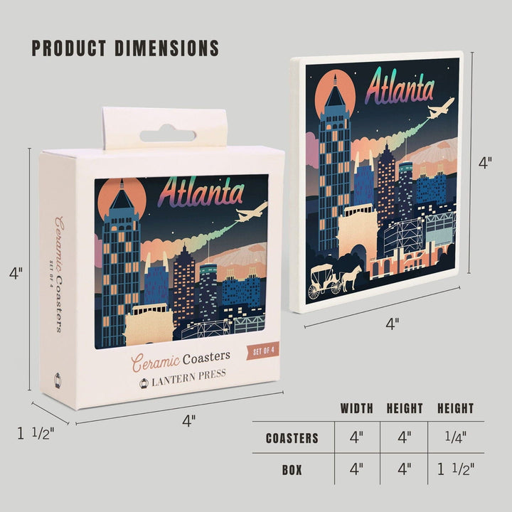 Atlanta, Georgia, Retro Skyline Chromatic Series, Lantern Press Artwork, Coaster Set Coasters Lantern Press 