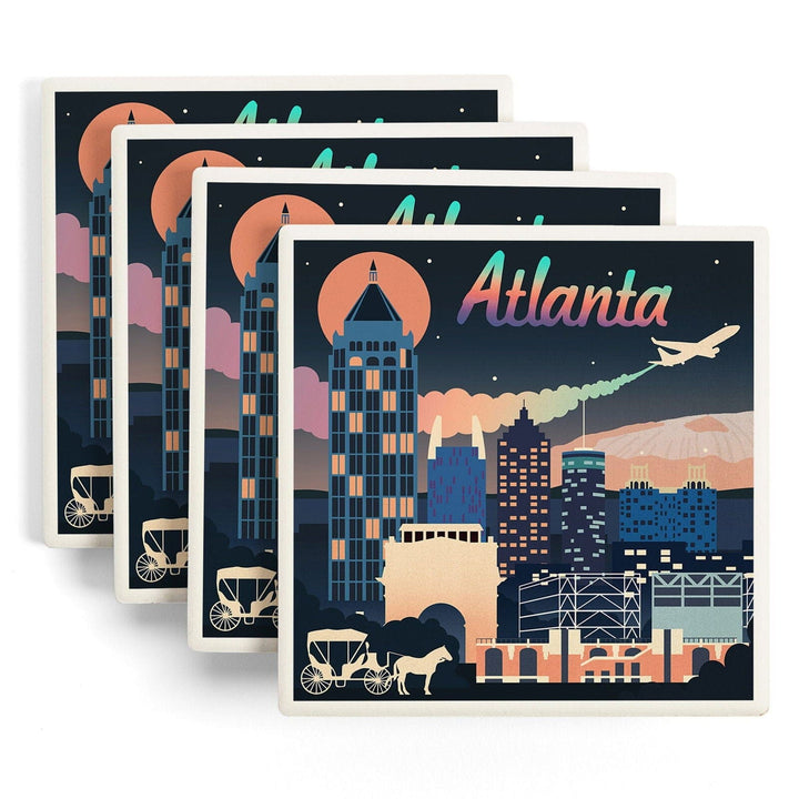 Atlanta, Georgia, Retro Skyline Chromatic Series, Lantern Press Artwork, Coaster Set Coasters Lantern Press 