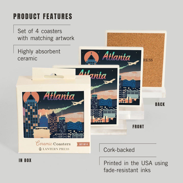 Atlanta, Georgia, Retro Skyline Chromatic Series, Lantern Press Artwork, Coaster Set Coasters Lantern Press 