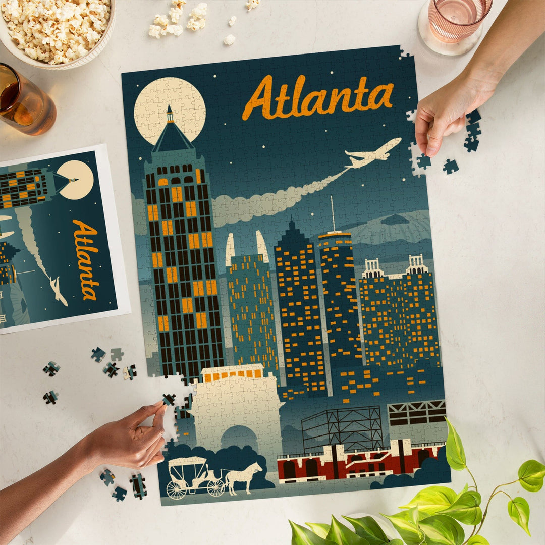 Atlanta, Georgia, Retro Skyline, Jigsaw Puzzle Puzzle Lantern Press 