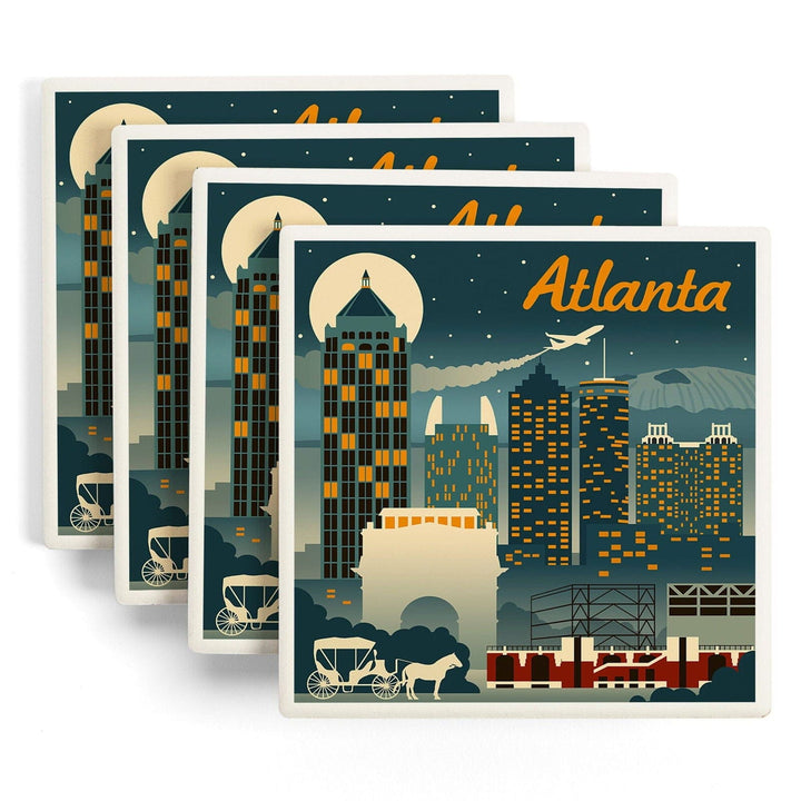 Atlanta, Georgia, Retro Skyline, Lantern Press Artwork, Coaster Set Coasters Lantern Press 