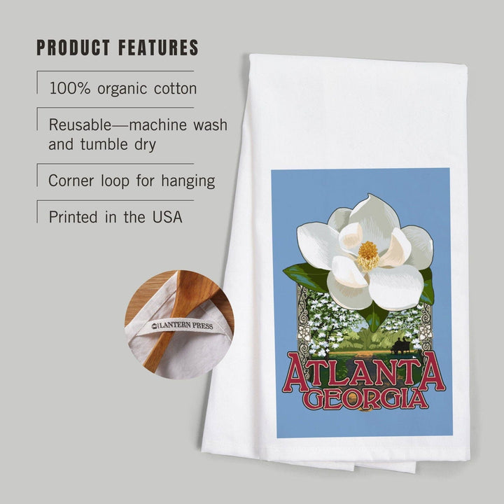 Atlanta, Georgia, Single White Magnolia, Contour, Organic Cotton Kitchen Tea Towels Kitchen Lantern Press 