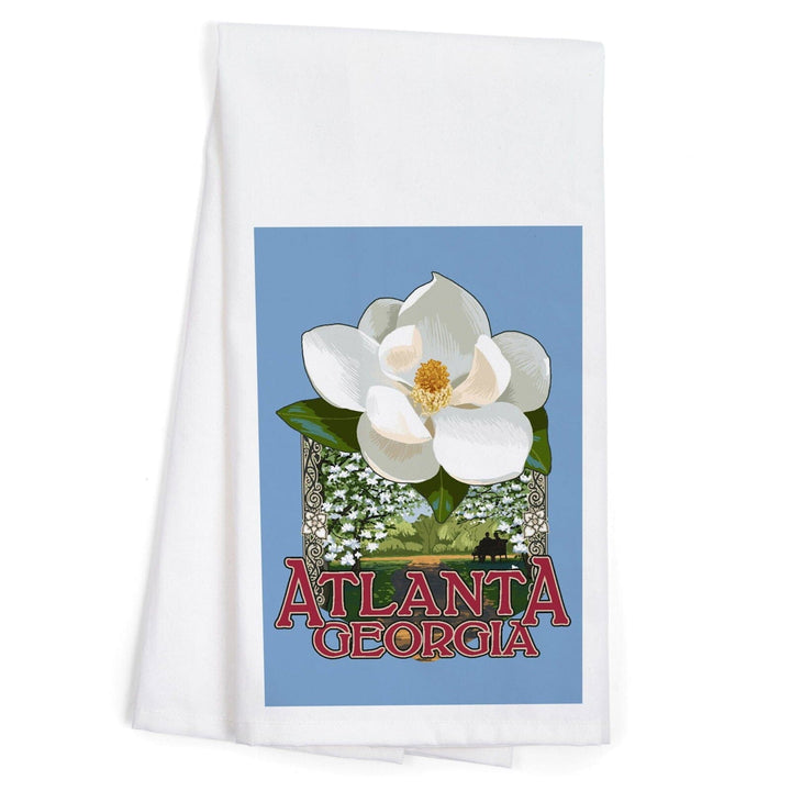 Atlanta, Georgia, Single White Magnolia, Contour, Organic Cotton Kitchen Tea Towels Kitchen Lantern Press 