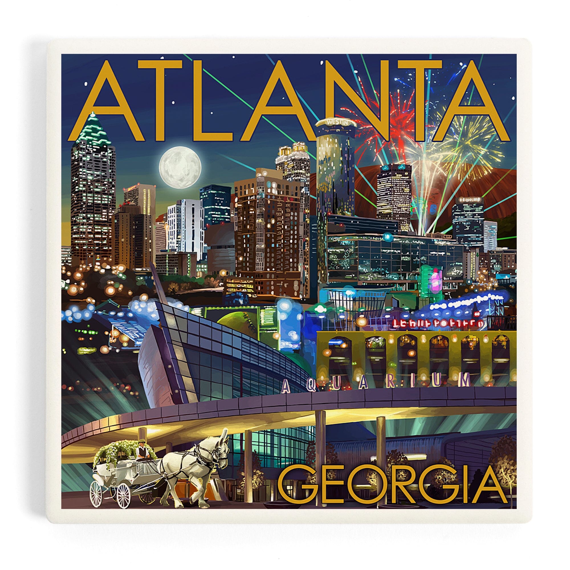 Atlanta, Georgia, Skyline at Night ceramic coaster set