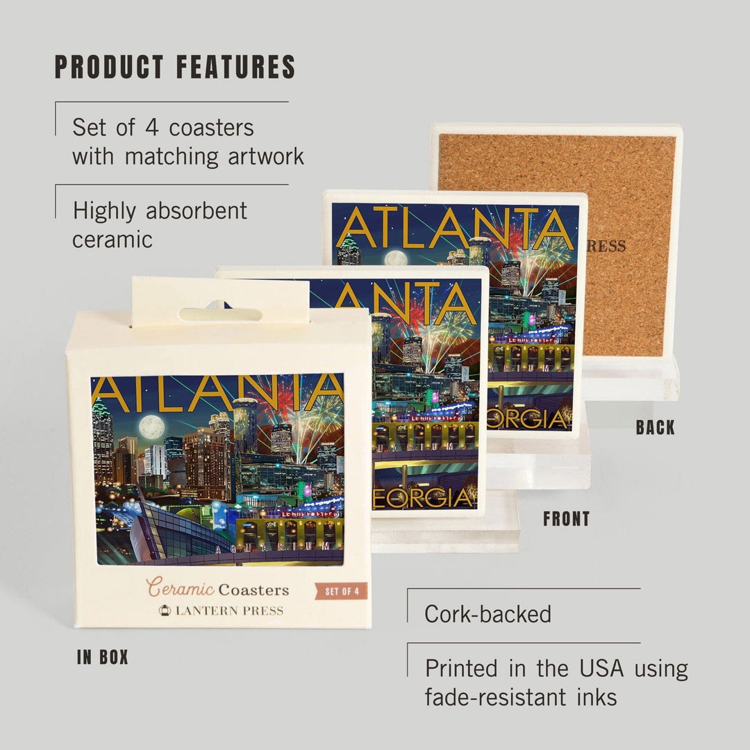 Atlanta, Georgia, Skyline at Night, Lantern Press Artwork, Coaster Set Coasters Lantern Press 