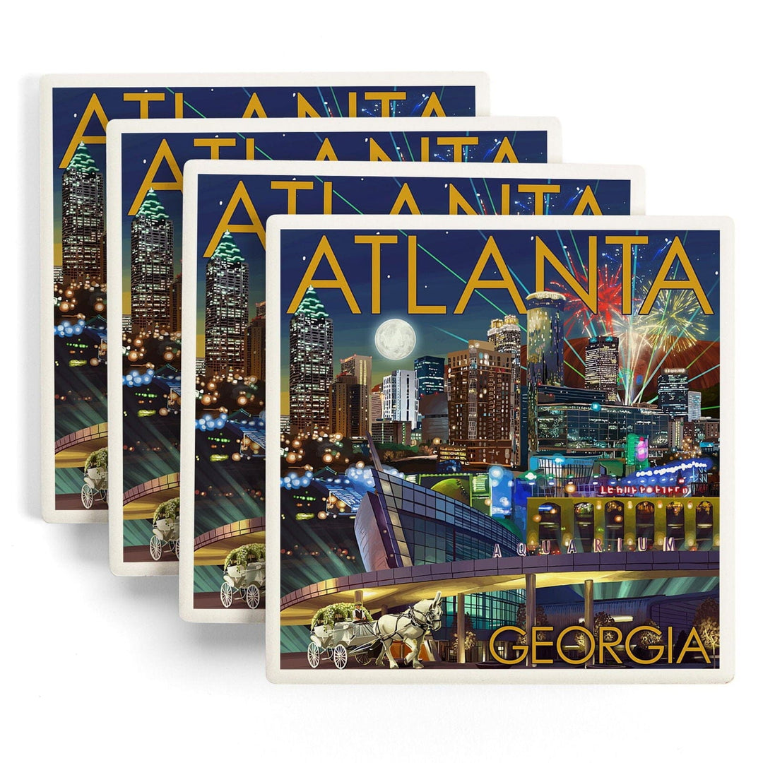 Atlanta, Georgia, Skyline at Night, Lantern Press Artwork, Coaster Set Coasters Lantern Press 