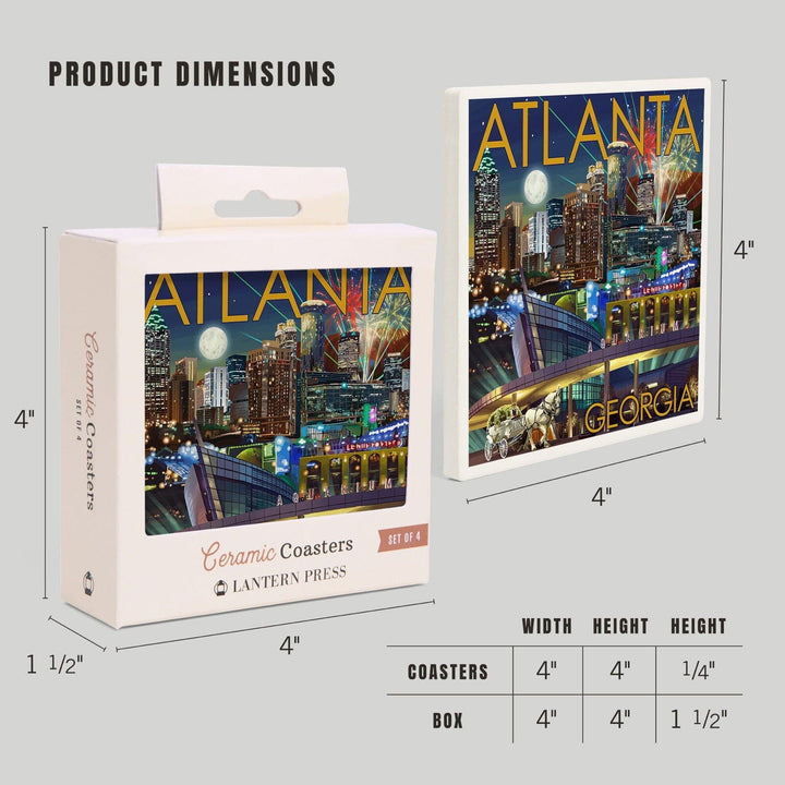 Atlanta, Georgia, Skyline at Night, Lantern Press Artwork, Coaster Set Coasters Lantern Press 