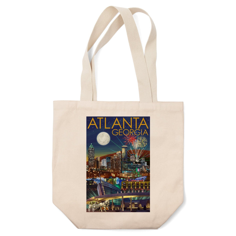 Atlanta, Georgia, Skyline at Night, Lantern Press Artwork, Tote Bag Totes Lantern Press 