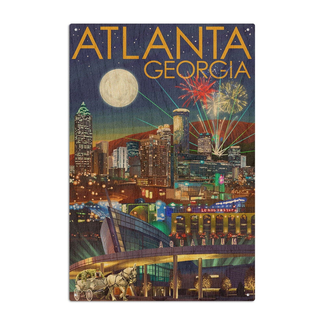 Atlanta, Georgia, Skyline at Night, Lantern Press Artwork, Wood Signs and Postcards Wood Lantern Press 10 x 15 Wood Sign 