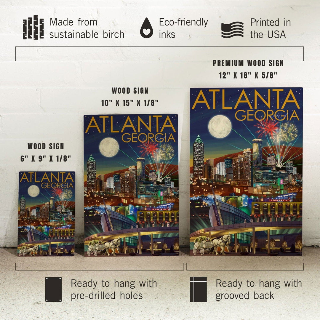 Atlanta, Georgia, Skyline at Night, Lantern Press Artwork, Wood Signs and Postcards Wood Lantern Press 