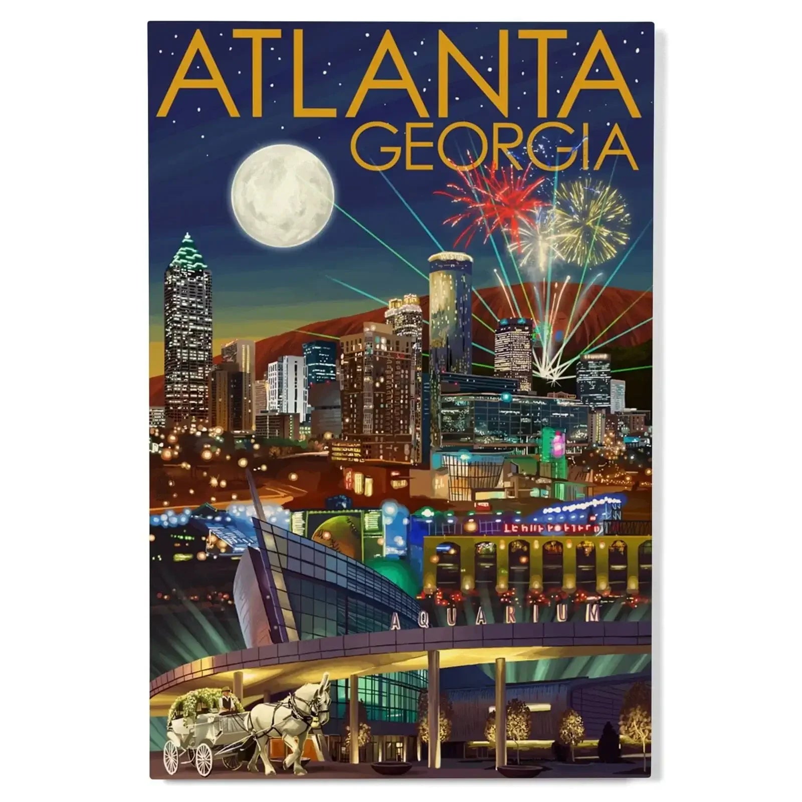 Atlanta, Georgia, Skyline at Night, Lantern Press Artwork, Wood Signs