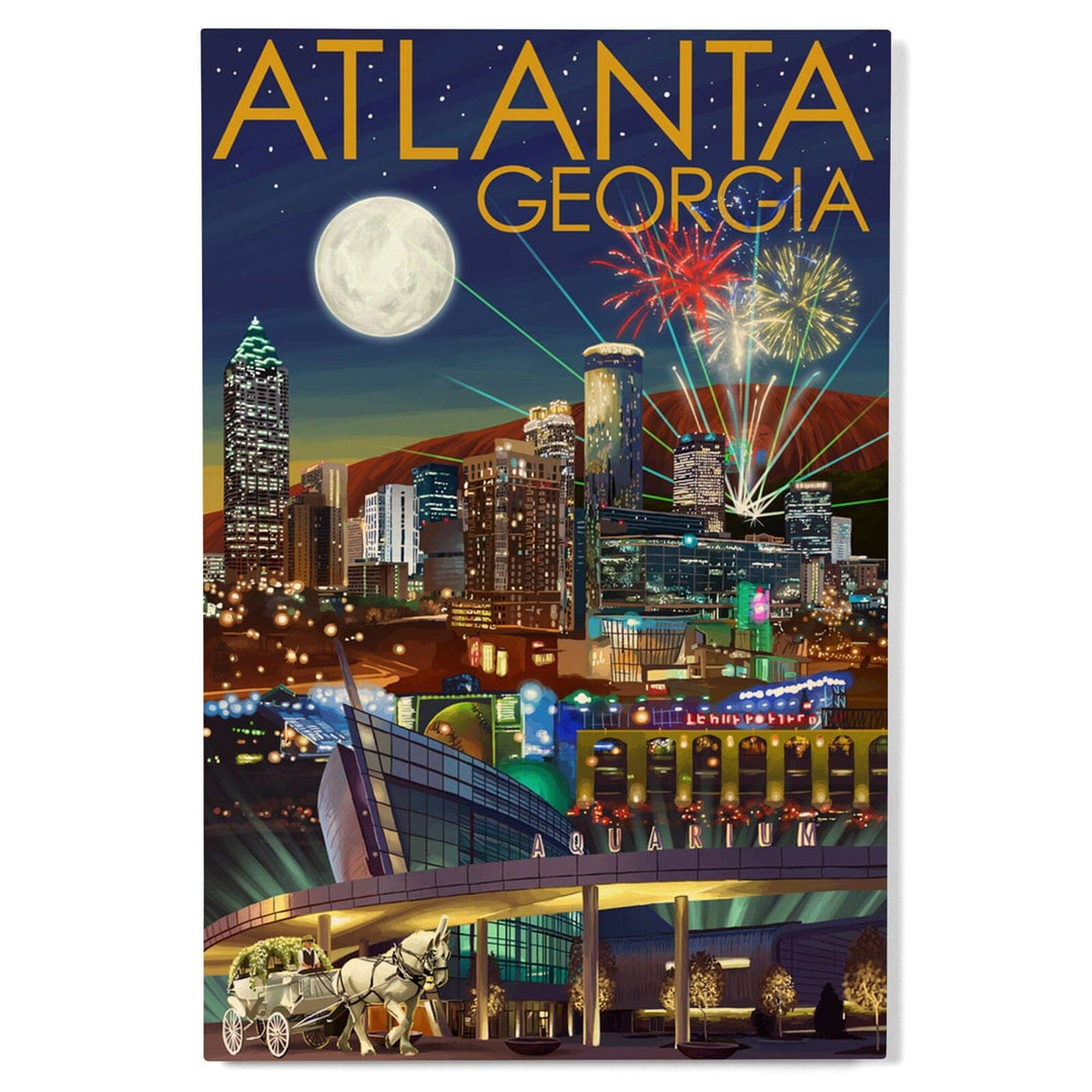 Atlanta, Georgia, Skyline at Night, Lantern Press Artwork, Wood Signs and Postcards Wood Lantern Press 