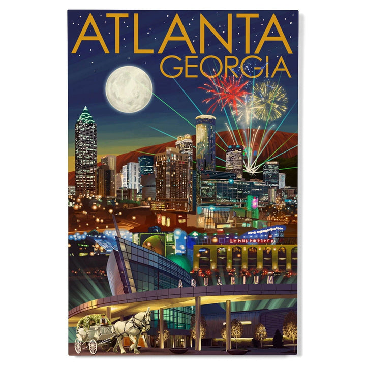 Atlanta, Georgia, Skyline at Night, Lantern Press Artwork, Wood Signs and Postcards Wood Lantern Press 