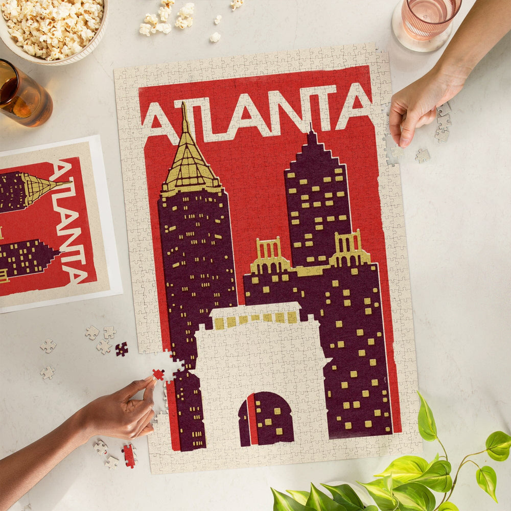 Atlanta, Georgia, Woodblock, Jigsaw Puzzle Puzzle Lantern Press 