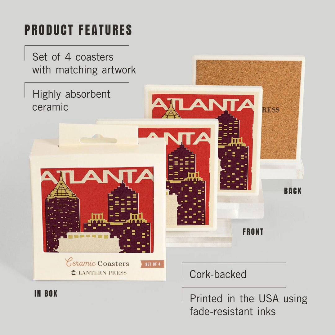 Atlanta, Georgia, Woodblock, Lantern Press Artwork, Coaster Set Coasters Lantern Press 