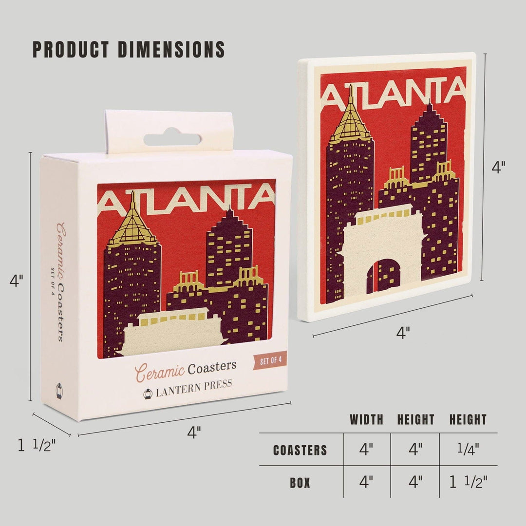 Atlanta, Georgia, Woodblock, Lantern Press Artwork, Coaster Set Coasters Lantern Press 