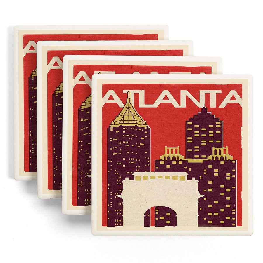 Atlanta, Georgia, Woodblock, Lantern Press Artwork, Coaster Set Coasters Lantern Press 