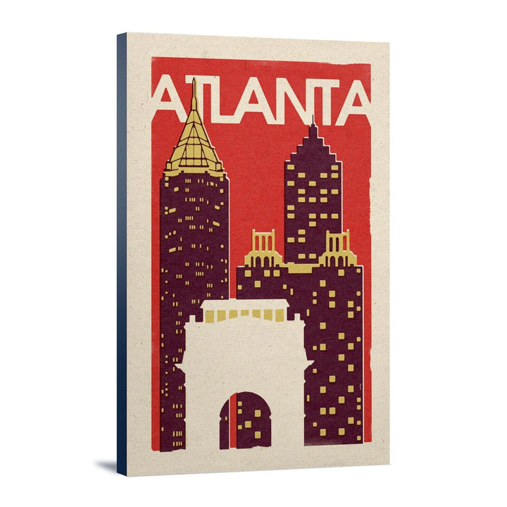 Atlanta, Georgia, Woodblock, Lantern Press Artwork, Stretched Canvas Canvas Lantern Press 12x18 Stretched Canvas 