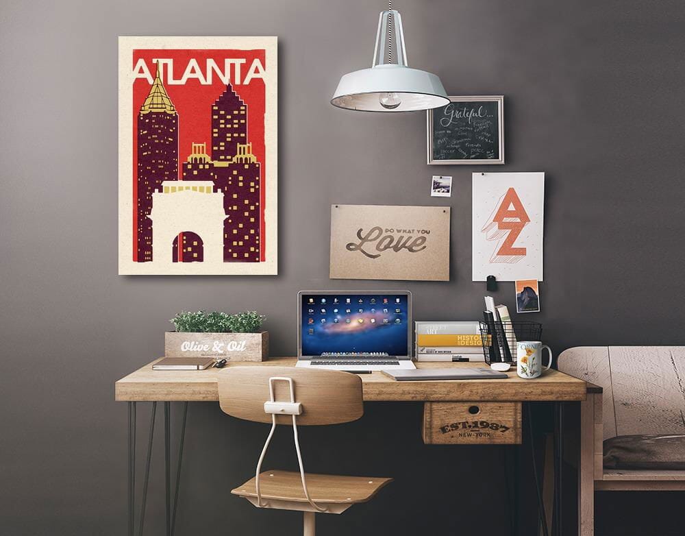 Atlanta, Georgia, Woodblock, Lantern Press Artwork, Stretched Canvas Canvas Lantern Press 