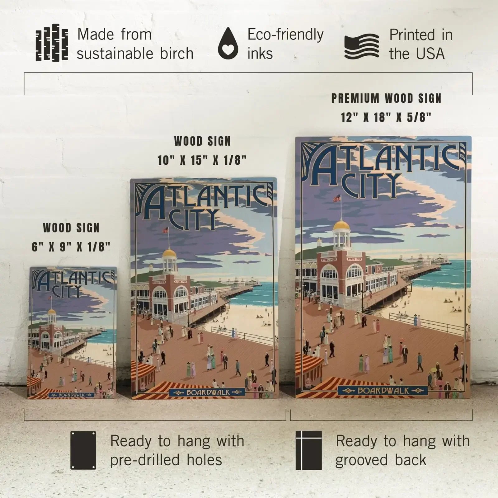 Atlantic City, New Jersey, Boardwalk, Lantern Press Artwork wood