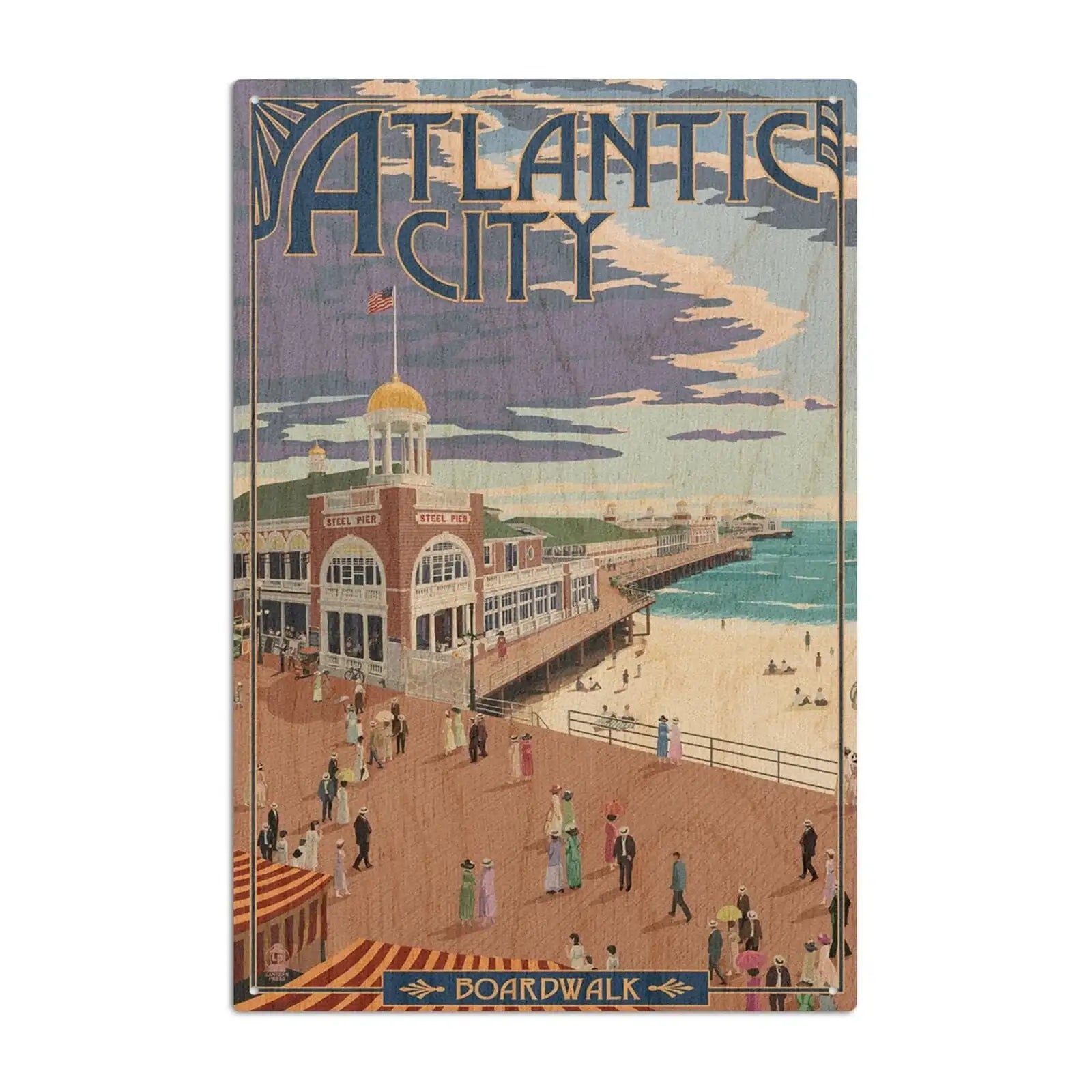 Atlantic City, New Jersey, Boardwalk, Lantern Press Artwork wood