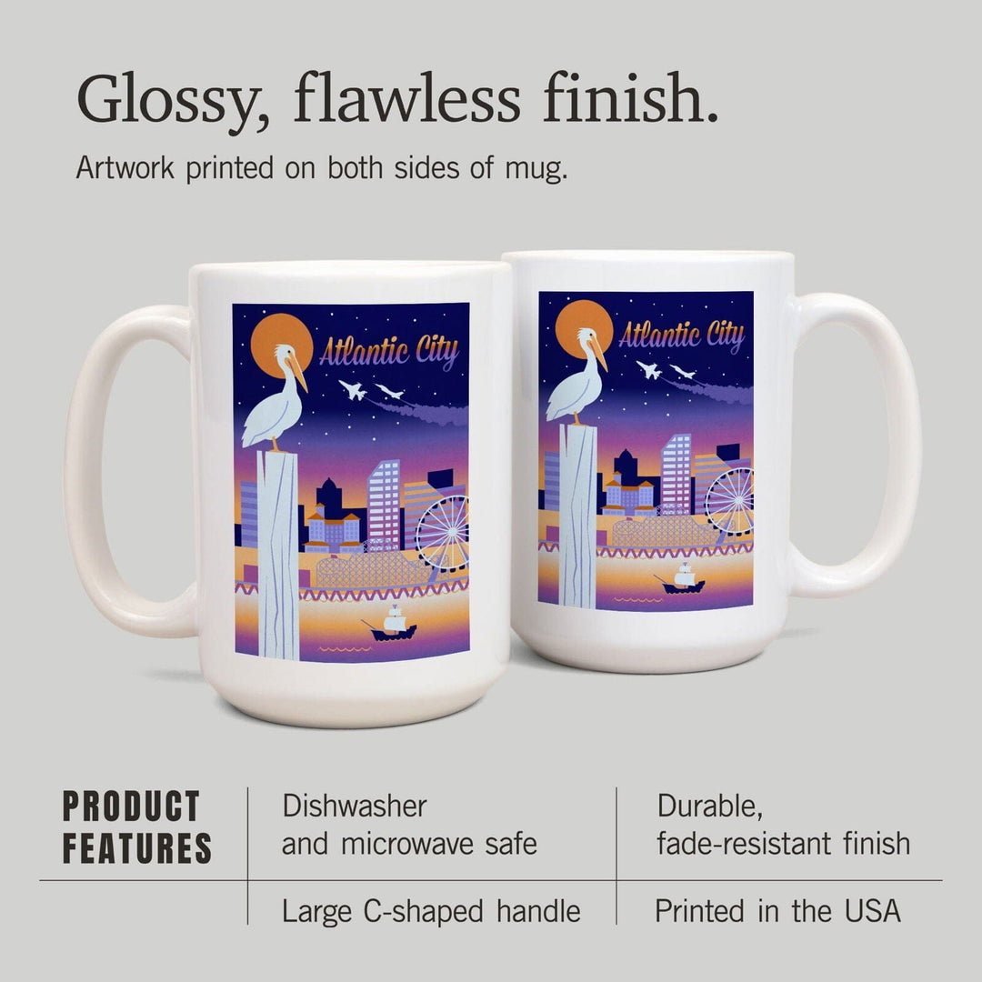 Atlantic City, New Jersey, Retro Skyline Chromatic Series, Lantern Press Artwork, Ceramic Mug Mugs Lantern Press 