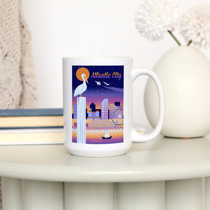 Atlantic City, New Jersey, Retro Skyline Chromatic Series, Lantern Press Artwork, Ceramic Mug Mugs Lantern Press 