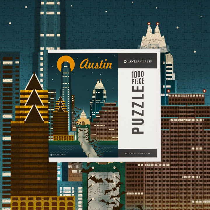 Austin, Retro Skyline, Jigsaw Puzzle Puzzle Lantern Press 