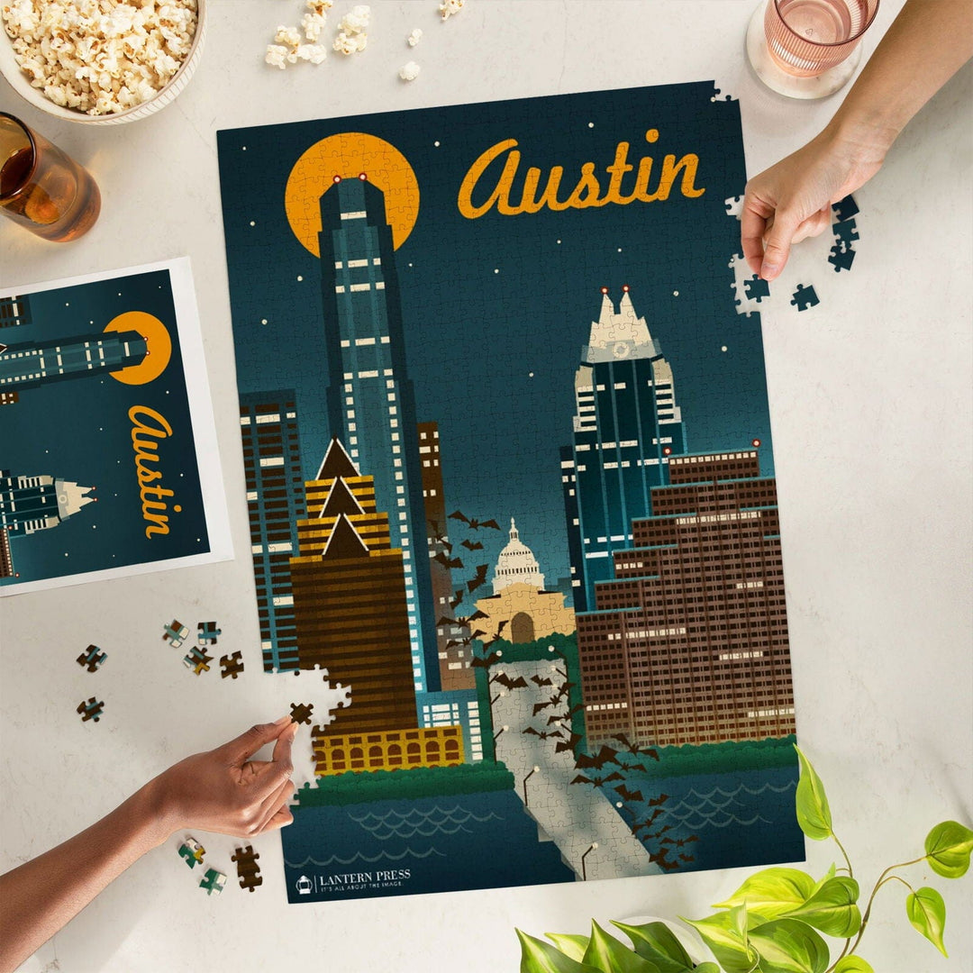 Austin, Retro Skyline, Jigsaw Puzzle Puzzle Lantern Press 