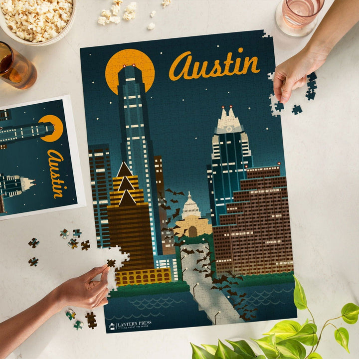 Austin, Retro Skyline, Jigsaw Puzzle Puzzle Lantern Press 