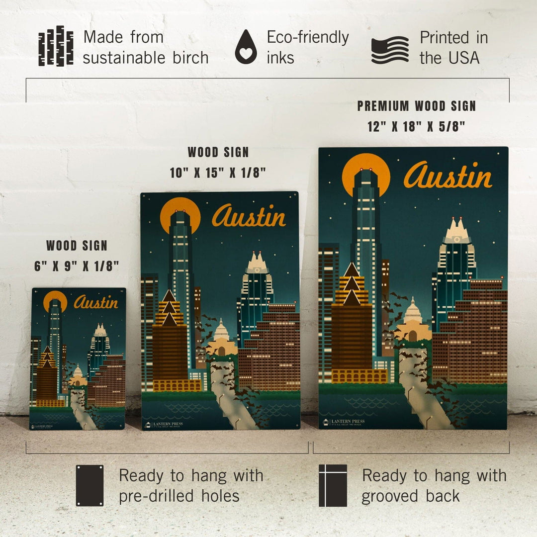 Austin, Retro Skyline, Wood Signs and Postcards Wood Lantern Press 