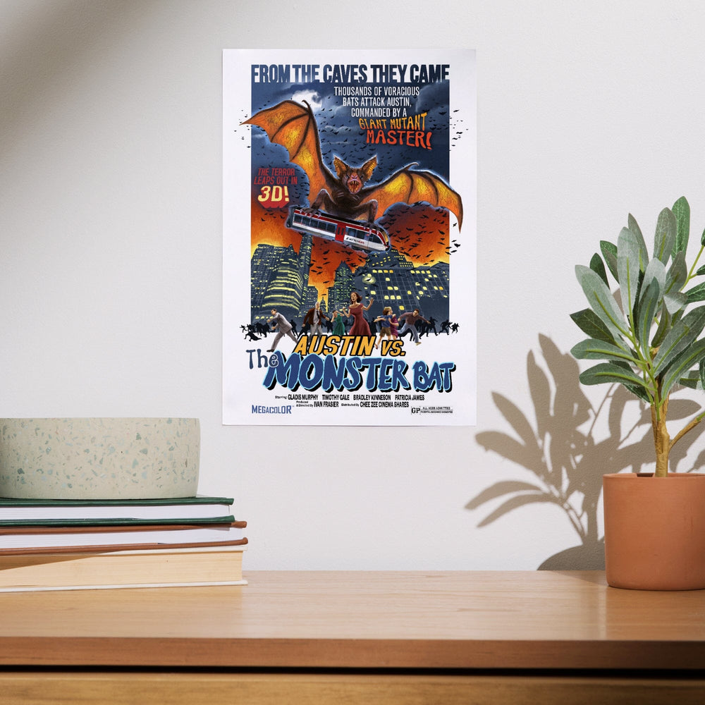 Austin, Texas, Austin vs The Monster Bat, B Movie Poster, Art & Giclee Prints Art Lantern Press 