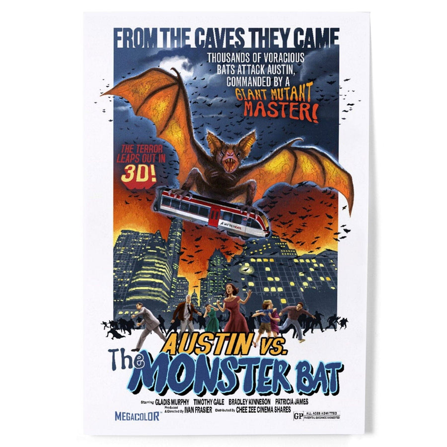 Austin, Texas, Austin vs The Monster Bat, B Movie Poster, Art & Giclee Prints Art Lantern Press 