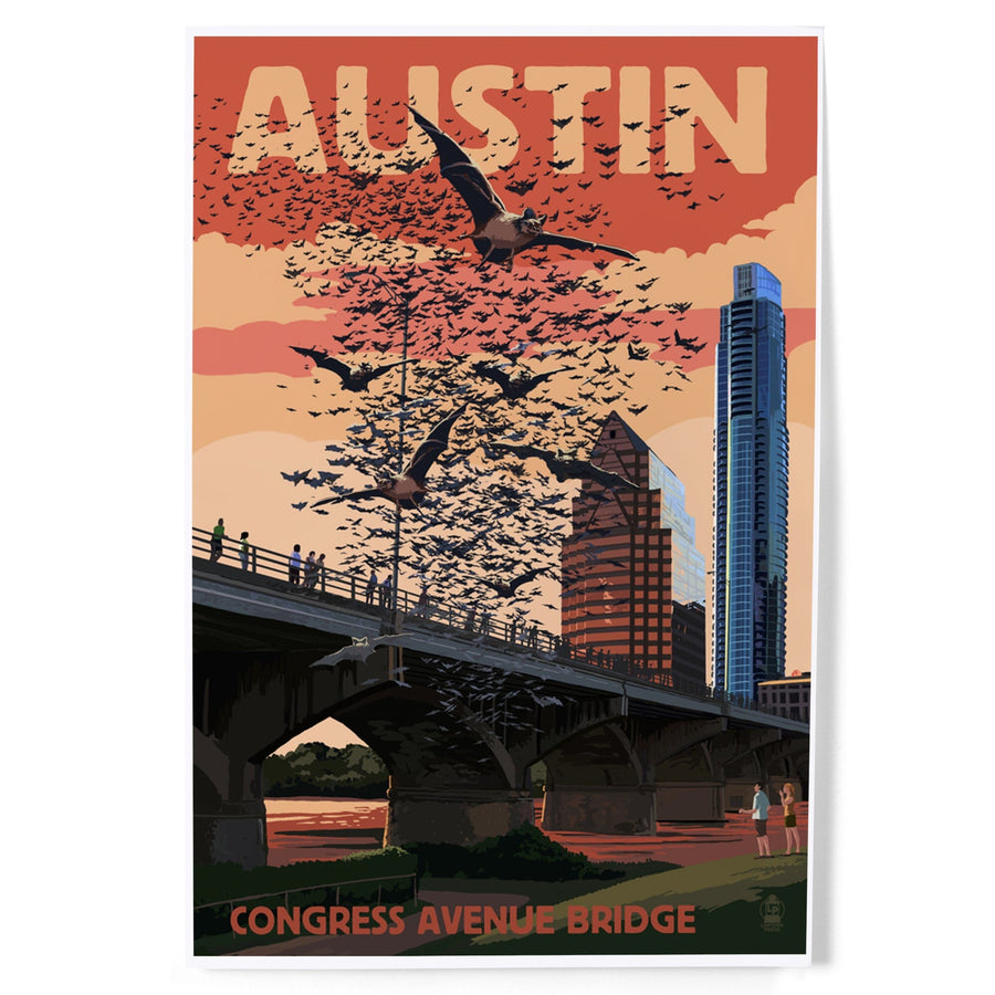 Austin, Texas, Bats and Congress Avenue Bridge, Art & Giclee Prints Art Lantern Press 