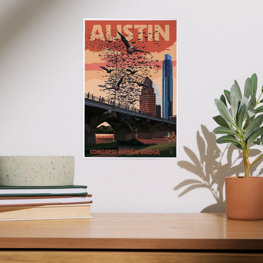 Austin, Texas, Bats and Congress Avenue Bridge, Art & Giclee Prints Art Lantern Press 