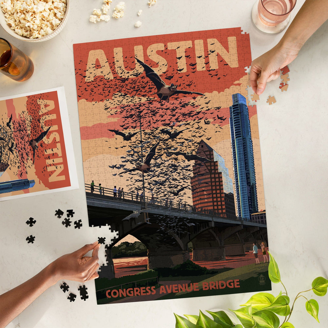 Austin, Texas, Bats and Congress Avenue Bridge, Jigsaw Puzzle Puzzle Lantern Press 