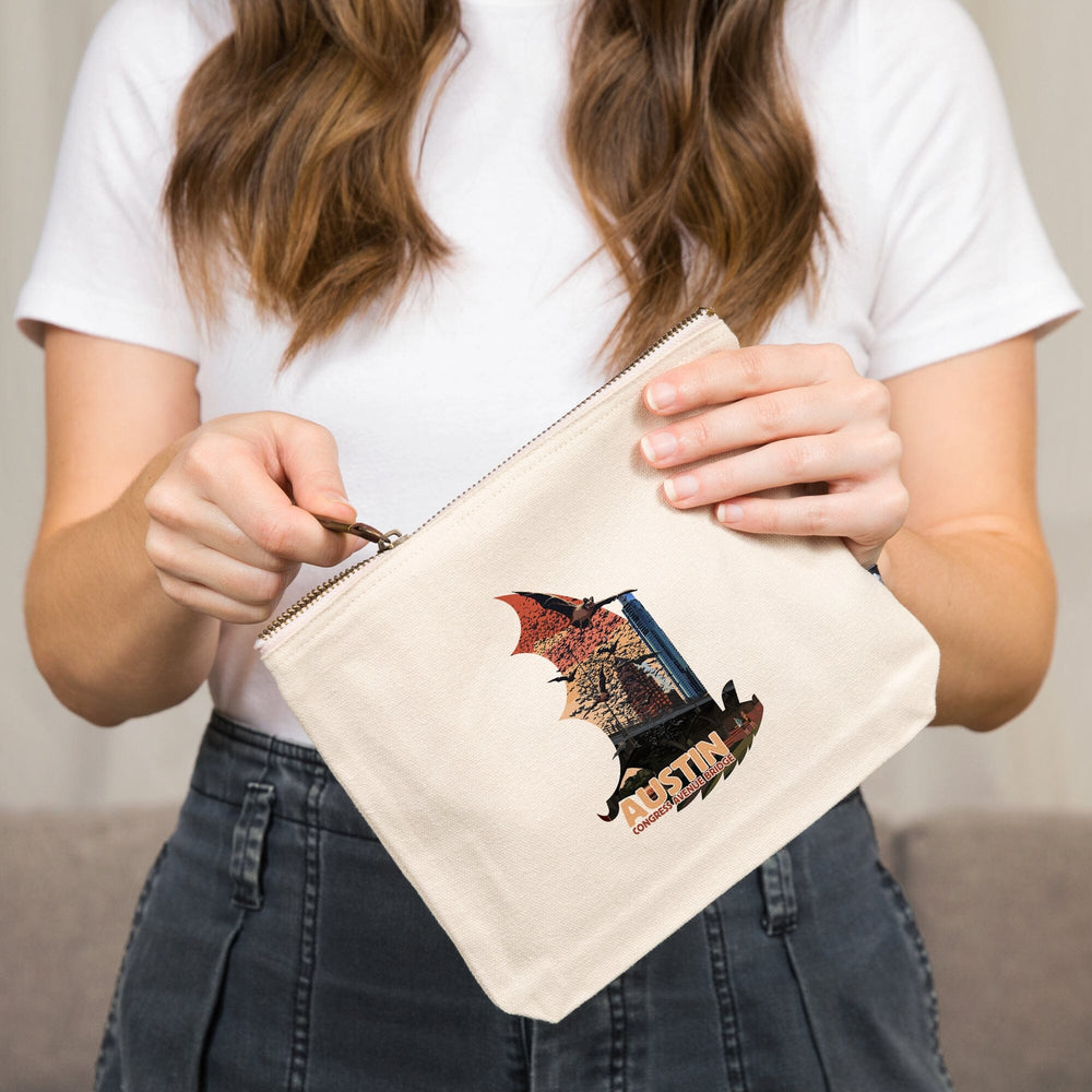 Austin, Texas, Bats and Congress Avenue Bridge,, Organic Cotton Zipper Pouch, Go Bag Go Bag Lantern Press 