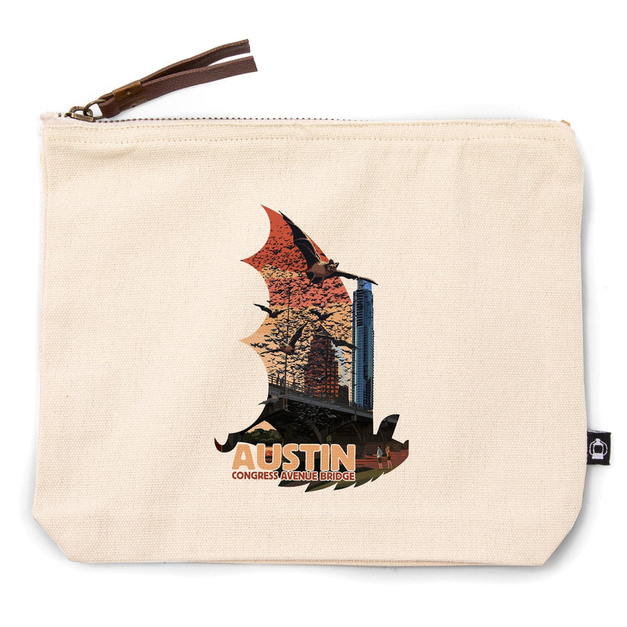 Austin, Texas, Bats and Congress Avenue Bridge,, Organic Cotton Zipper Pouch, Go Bag Go Bag Lantern Press 