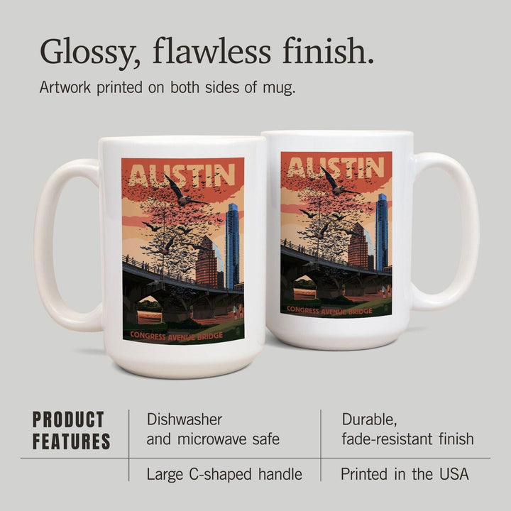 Austin, Texas, Bats & Congress Avenue Bridge, Lantern Press Artwork, Ceramic Mug Mugs Lantern Press 