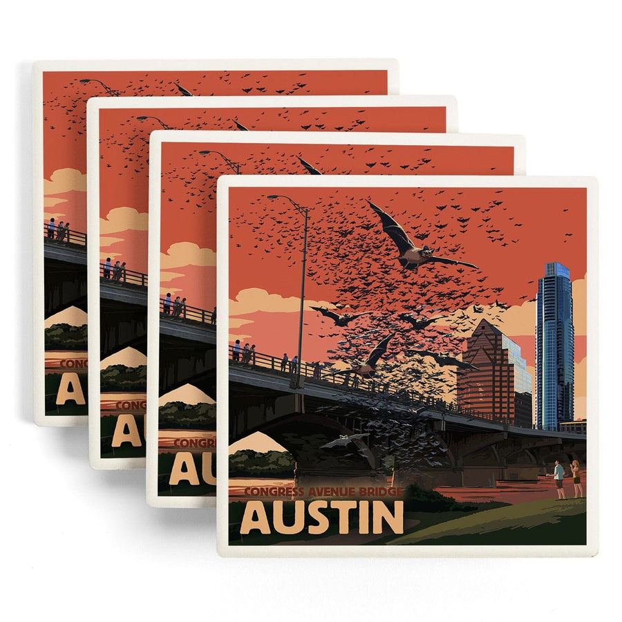 Austin, Texas, Bats & Congress Avenue Bridge, Lantern Press Artwork, Coaster Set Coasters Lantern Press 